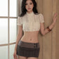 Single-Breasted t-Shirt Women See Through Folds Puff Sleeve Line Decoration Sweet Summer Fashion Daily Streetwear