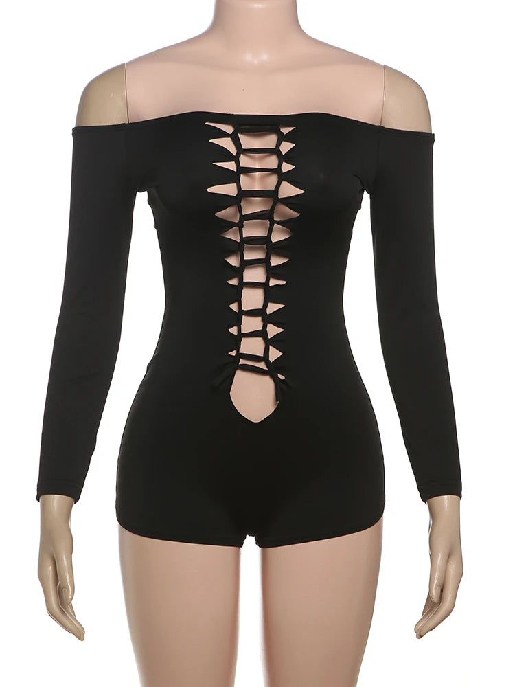 Hollow Knot Playsuit Women Slash Neck Summer Sexy Exposed Coquette Skinny Hottie Midnight Club Party Stretch Romper