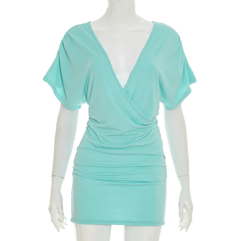 Deep V Neck Short Sleeve Mini Dresses Blue Casual Summer Dress for Woman Clothes 2026