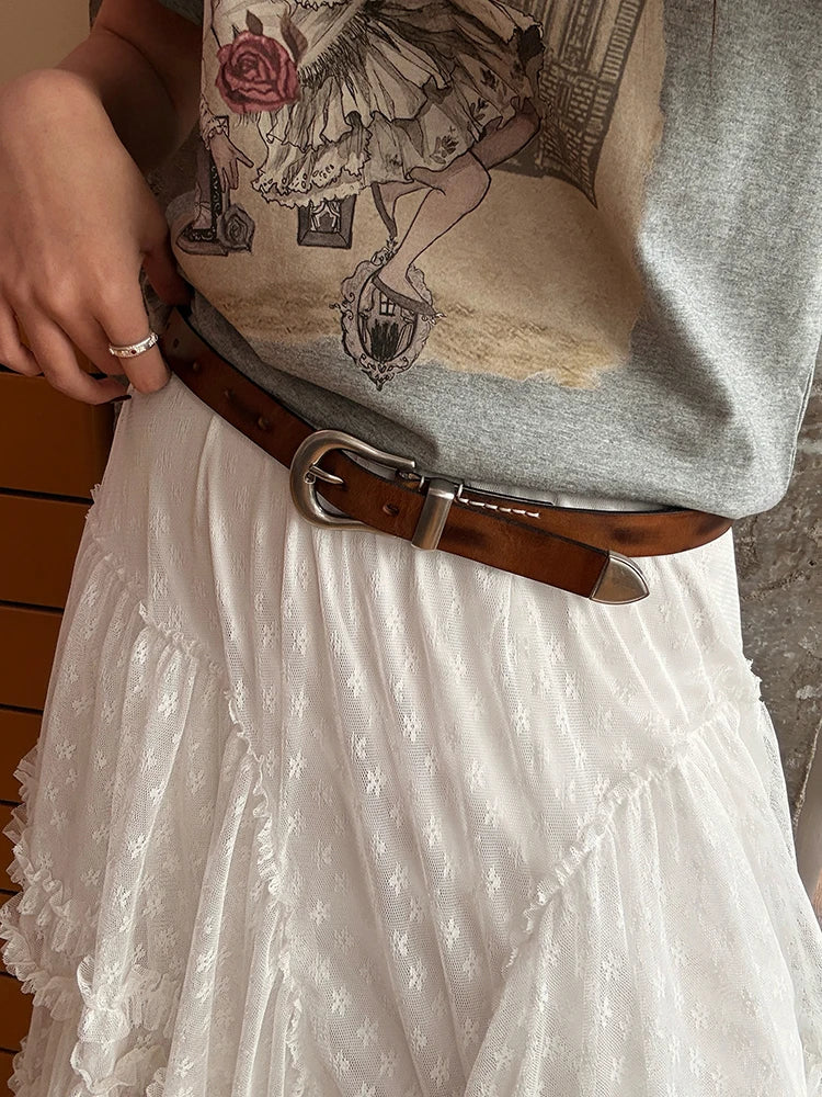 Simple Versatile Semi-Circle Metal Buckle Belt Retro Vintage for Women