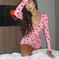 Women Valentines Day Jumpsuit Pajama Romantic Heart Print Long Sleeve V Neck Button Front Shorts Romper Fitted Sleepwear