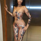 Snake Print 3 Piece Set Women Sexy Hottie Tank Top+Arm Sleeve+Capri Pants Fashion Midnight Street Party Club Suits