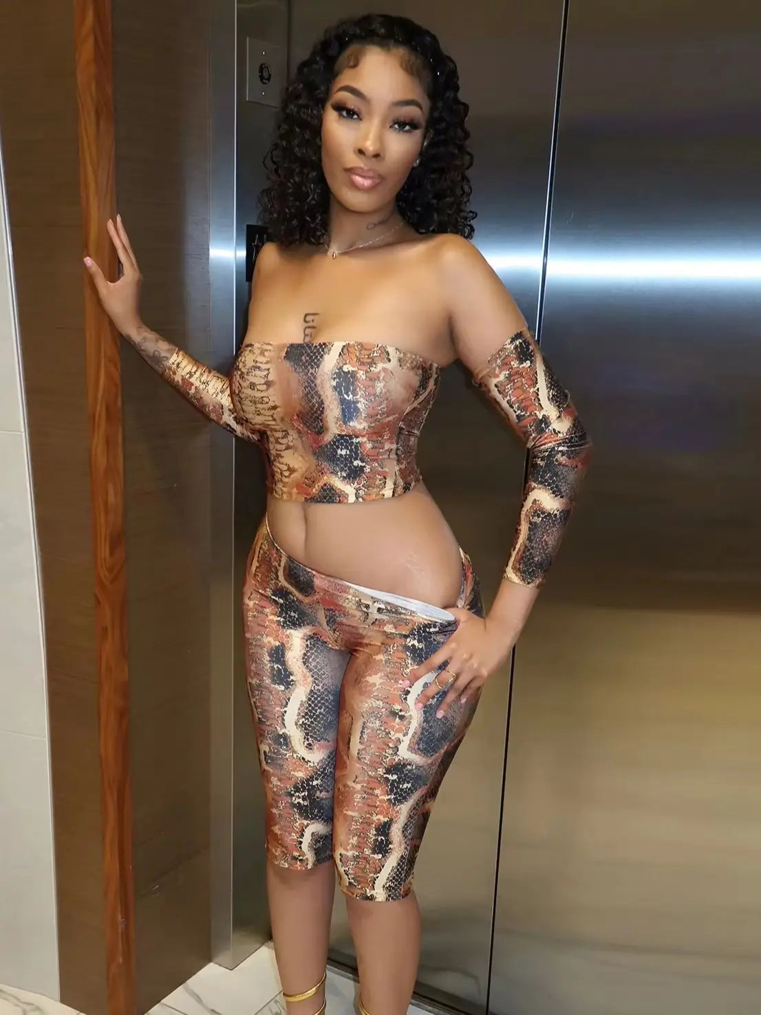 Snake Print 3 Piece Set Women Sexy Hottie Tank Top+Arm Sleeve+Capri Pants Fashion Midnight Street Party Club Suits