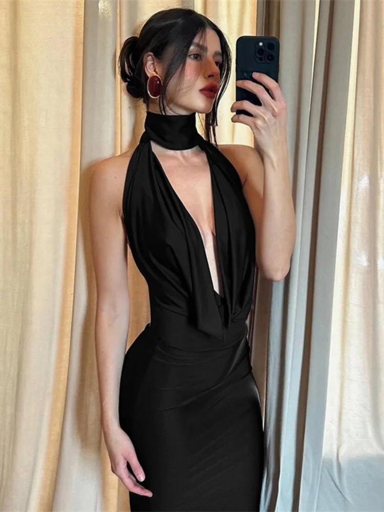 Sexy Deep V Backless Split Maxi Dress Elegant European Style Clothes Women’ Evening Dresses Black