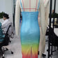 Women's Summer Long Dress U Neck Sleeveless Spaghetti Strap Leaves Pattern Slit Hem Contrasting Color Sequin Slim Dress