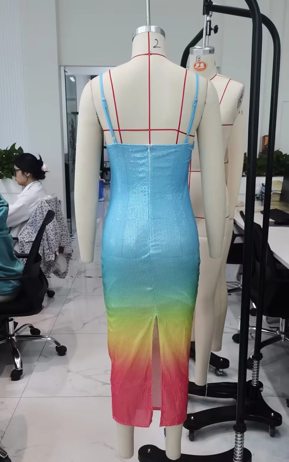 Women's Summer Long Dress U Neck Sleeveless Spaghetti Strap Leaves Pattern Slit Hem Contrasting Color Sequin Slim Dress
