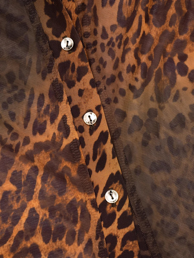 See Through Leopard Print 2 Piece Set Women Sexy Button Tight Blous+Flared Pants Matching Street Club Stretch Outfits