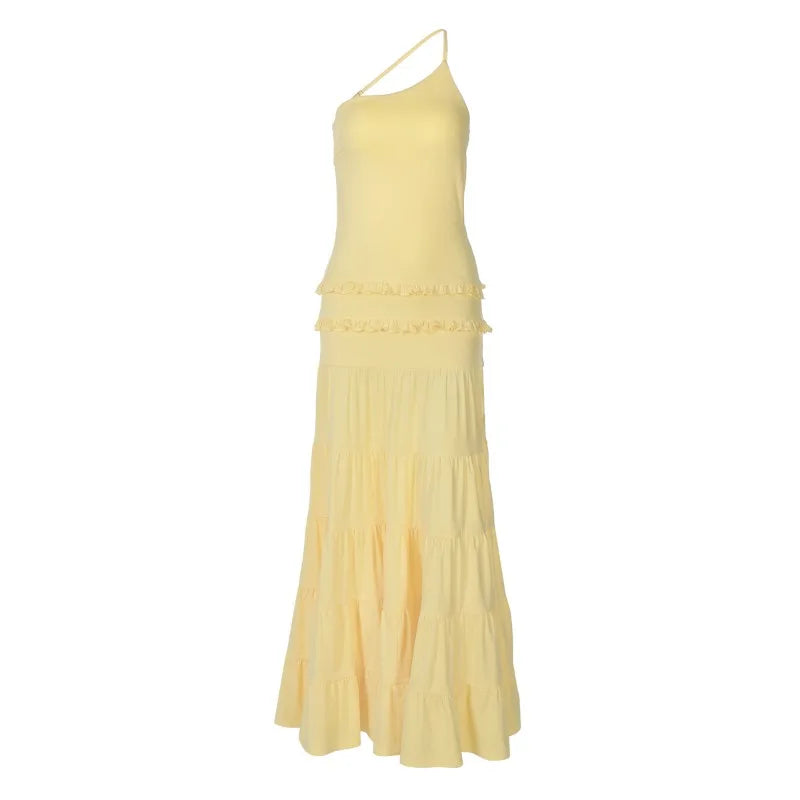 One Shoulder Backless Frilly Long Dresses Yellow Elegant Dresses for Woman Summer Vacation Outfits