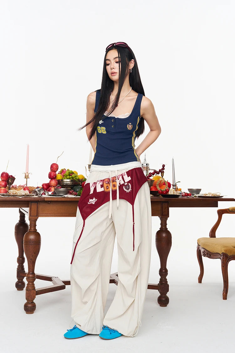 Women's 66 Print Jersey Tank Top, Layered Lace Trim Camisole, Y2K Coquette Sporty Style Sleeveless Top