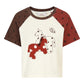 Polka Dot Horse Patchwork Raglan T-Shirt, Contrast Sleeve Loose Crop Top, Cute Retro Casual Tee for Women