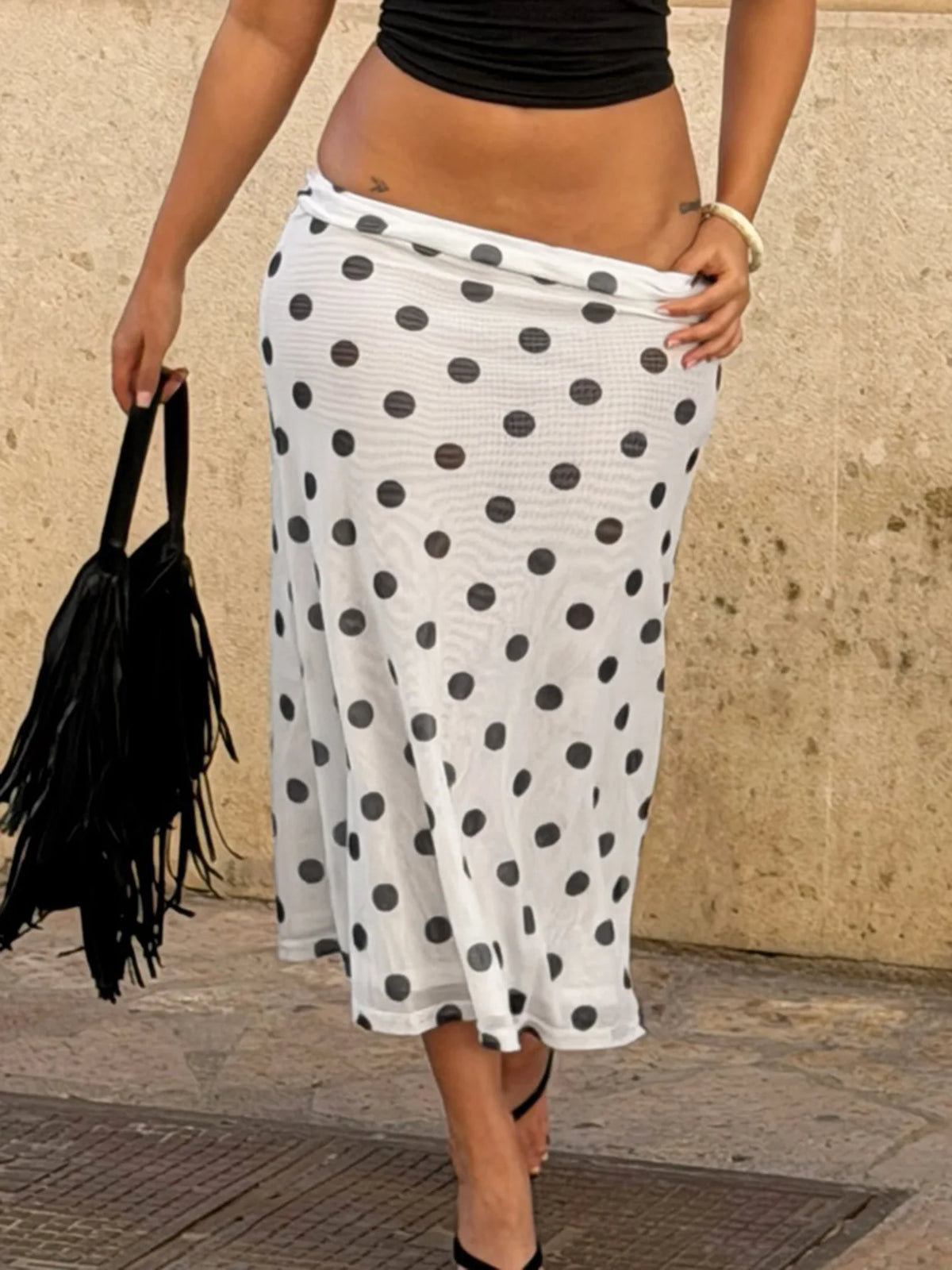 White Polka Dot Printed Midi Skirt Summer 2026 Ladies Skirts Elegant Vintage Woman Clothing