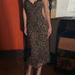Women Leopard Print Midi Dress Spaghetti Strap Lace V‑Neck Bodycon Dress Sleeveless Backless Evening Party Midi Dresses