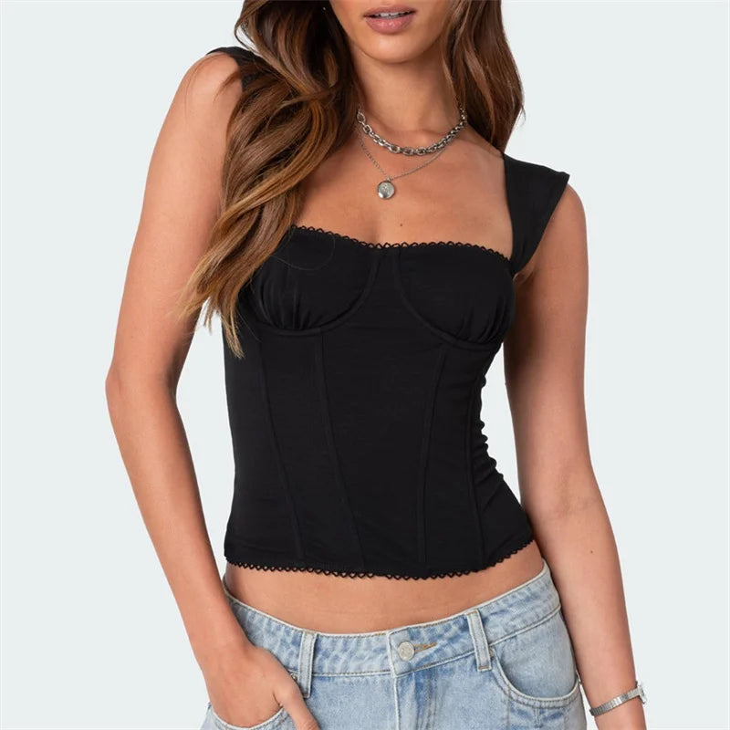 Women's Y2K Polka Dot Corset Top Wide Strap Square Neck Lace Trim Bustier Cami Crop Top Sexy Party Club Vest Shirts