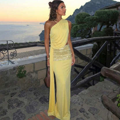 Yellow Two Piece Set Sequin-embellished Maxi Skirt and Top Beach Party Outfits for Woman Sexy Clothes