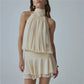 Elegant Halter Neck Mini Dress Backless Pleated High Waist Layered Ruffle Hem Solid Color Short Dress Party Club Outfit