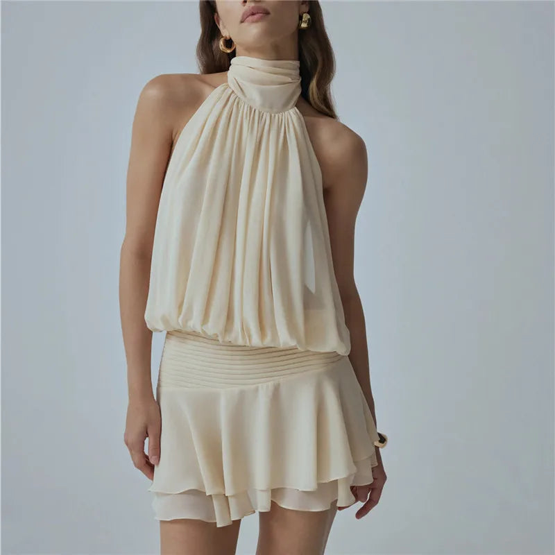 Elegant Halter Neck Mini Dress Backless Pleated High Waist Layered Ruffle Hem Solid Color Short Dress Party Club Outfit
