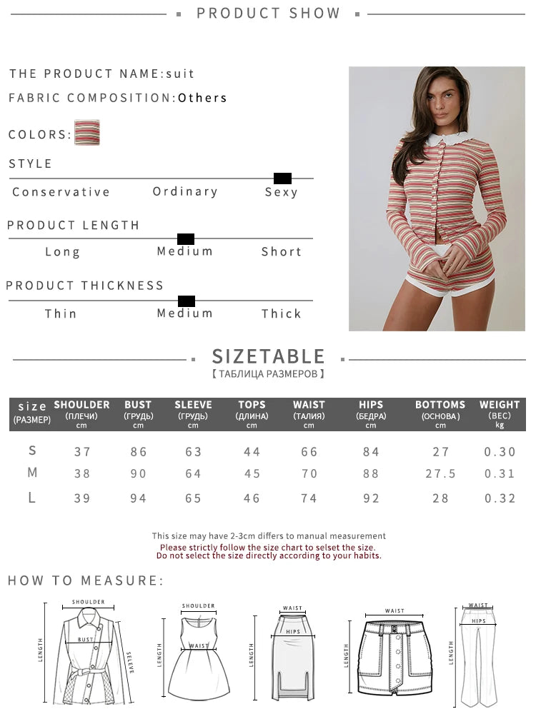 Colorful Striped 2-Piece Set Women Peter Pan Collar Full Sleeve Single-Breasted Crop Top+Patchwork Short Sporty Suit