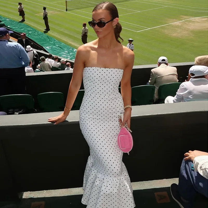 Polka Dot Print White Strapless Mermaid Dresses Elegant Occasion Dresses Woman Evening Party Wear