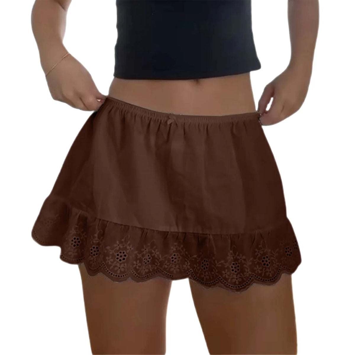 Women Y2k Lace Trim Mini Skirt Floral Eyelet Embroidery Half Slip Underskirts Cute Low Rise Summer Skater Skirt