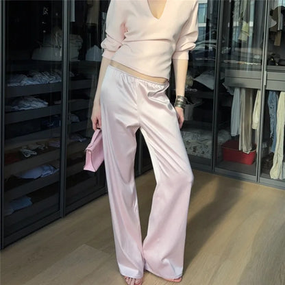 Women Solid Color Satin Wide Leg Pants Elastic Waist Loose Flowy Silky Straight Trousers Casual Vacation Party Wear