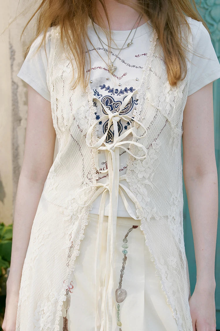 Women's Sheer Floral Lace Long Vest, V Neck Front Tie Sleeveless Long Outerwear, Scalloped Hem Layering