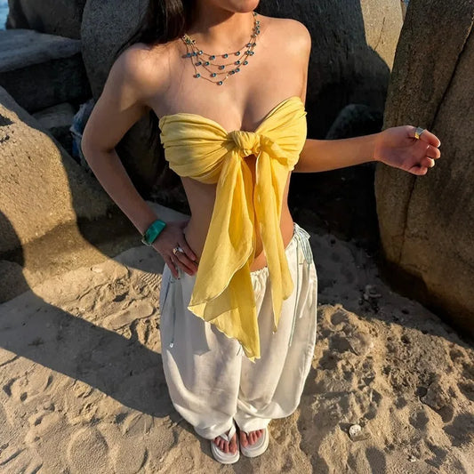 Women Strapless Bow Tube Top Knot Front Solid Bandeau Crop Top Summer Beach Vacation Wrap Sleeveless Y2K Streetwear