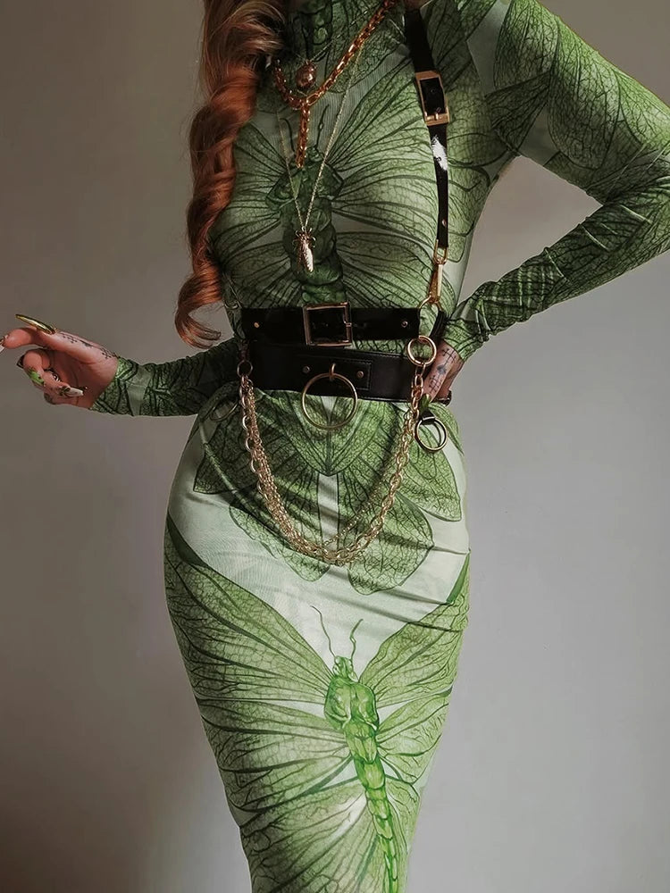 Sexy See Through Women Dress Butterfly Print Long Sleeve Elegant Stretch Skinny Midnight Clubwear Midnight Bodycon