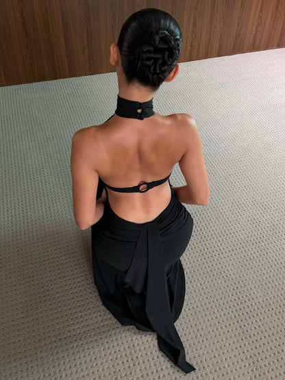 Women Halter Neck Backless Midi Dress Hollow Out Back Tie‑Up Ruffle Hem Mermaid Dress Latin Dance Party Evening Dresses