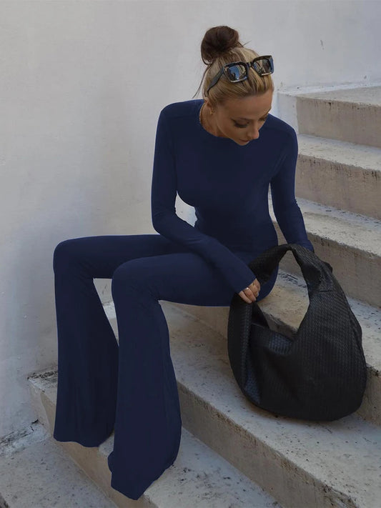 Sexy Women Jumpsuit Backless Flare Spring Trend o-Neck Elegant Skinny Full Sleeve Basic Solid Street Fitness Overalls
