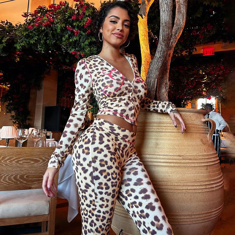Women Clothing Two Piece Set Casual Y2k Cheetah Printed Hooded Cardigan Top and Flare Pants Matching Outfits