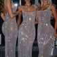 Sequins Backless Sexy Maxi Dress For Women Gown Fashion Sparkle Square Collar Sleeveless Bodycon Club Long Dress