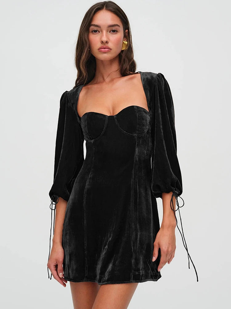 Velvet Short Party Dresses for Women Clothing Sexy Elegant Square Neck Long Sleeve Backless Dress Winter