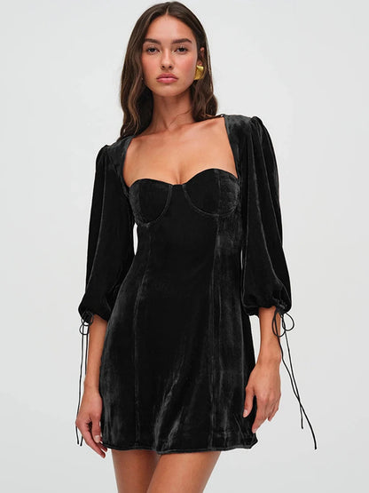 Velvet Short Party Dresses for Women Clothing Sexy Elegant Square Neck Long Sleeve Backless Dress Winter