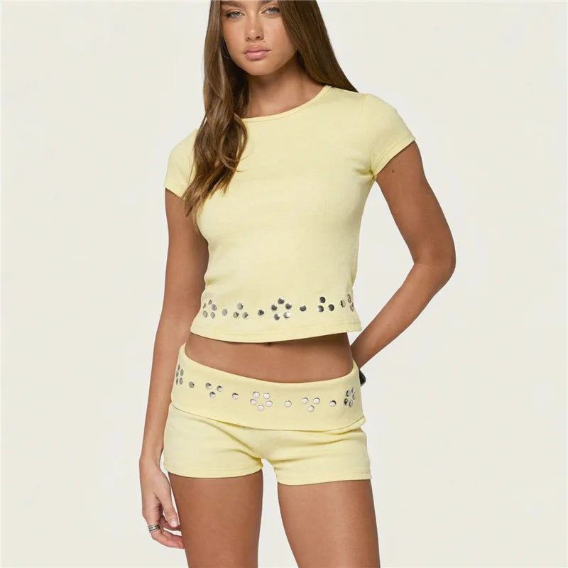 Women 2 Piece Set Rivet Trim Crew Neck Short Sleeve Crop Top Fold Over Waist Booty Shorts Y2K Streetwear Matching Set
