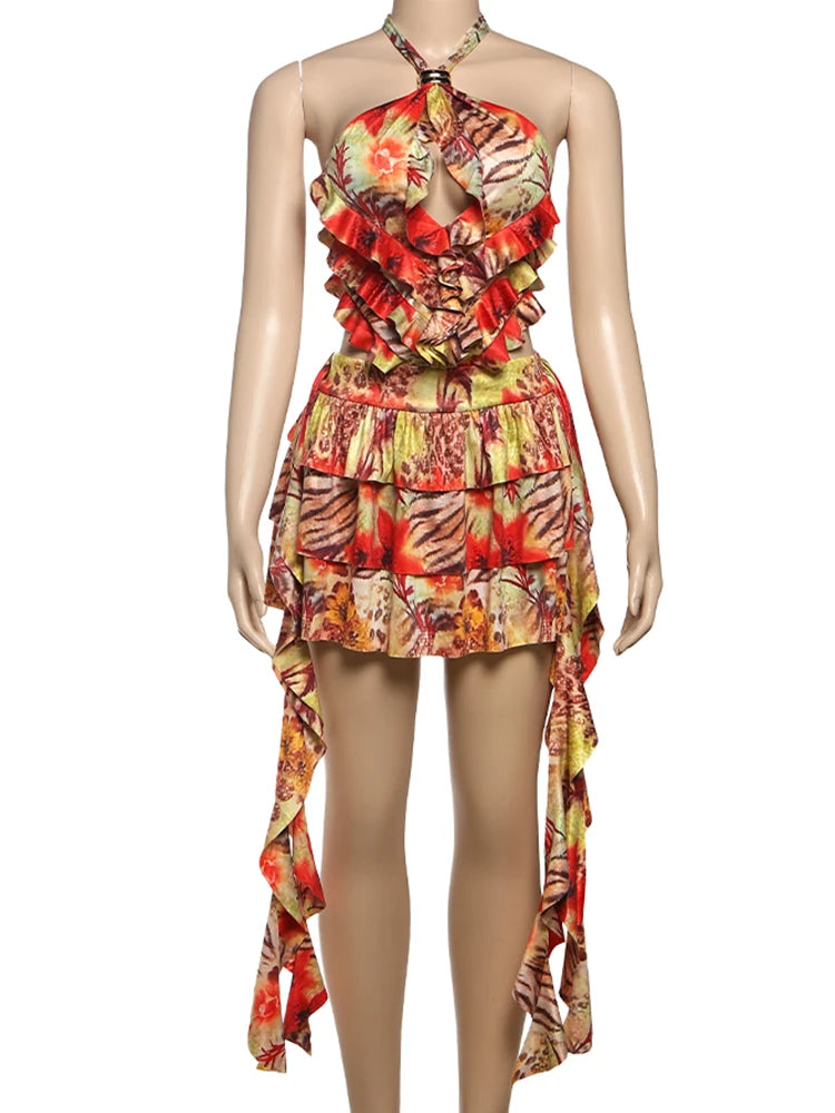 Hollow Tierred Dress Women Cross Halter Colorful Print Irregular Tassel Metal Rings Backless Summer Vacation Bodycon