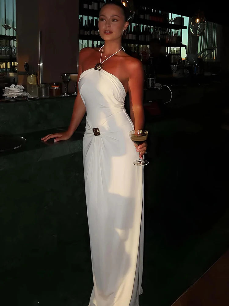 Halter Off-shoulder Backless Sexy Maxi Dress Women Elegant Metal Decoration Draped Ruched Bodycon Club Party Dress