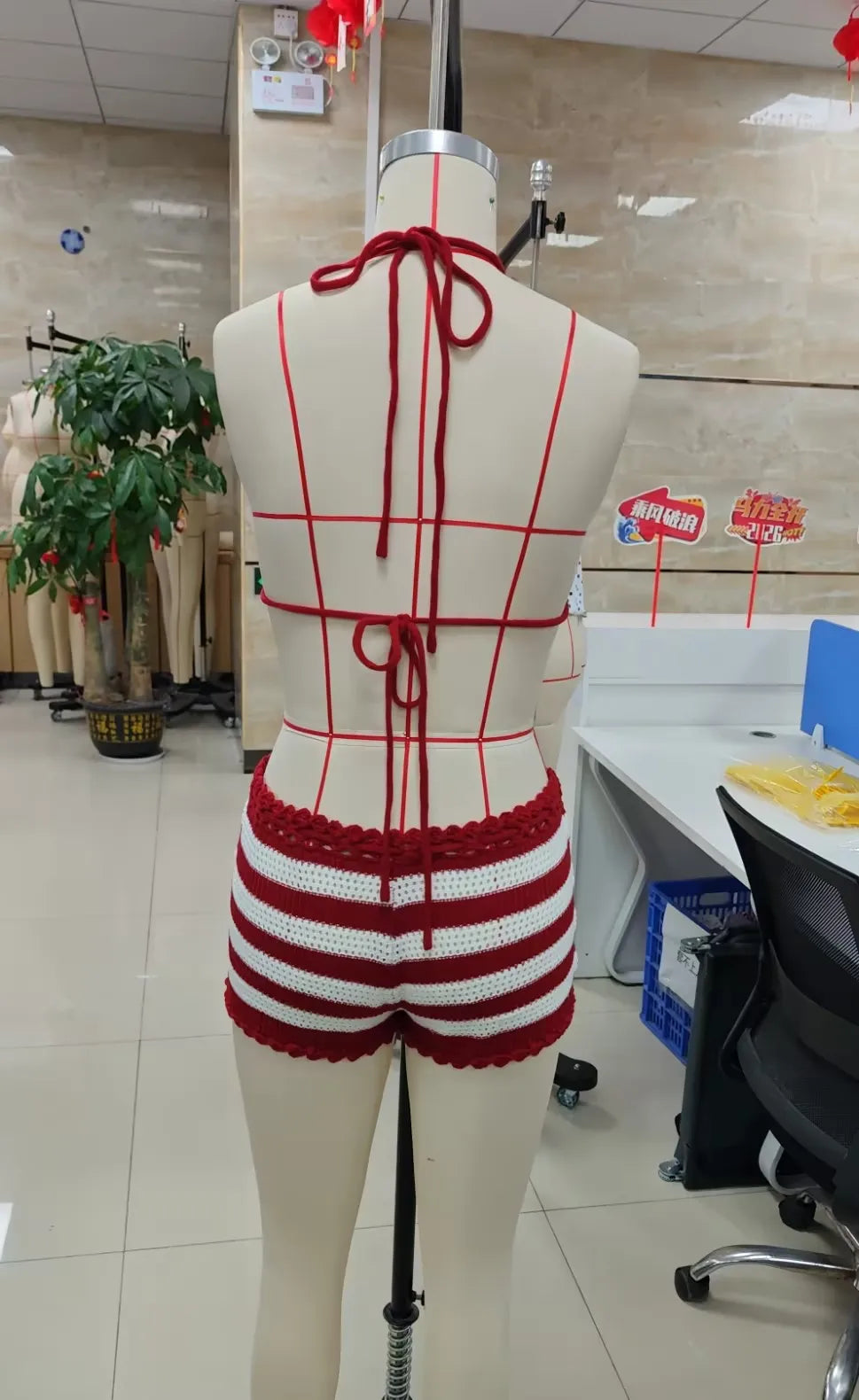Women's 2PCS Knit Bathing Suits Sleeveless Halter Neck Striped Bra with Drawstring Thong Sets Summer Holiday Beacwear