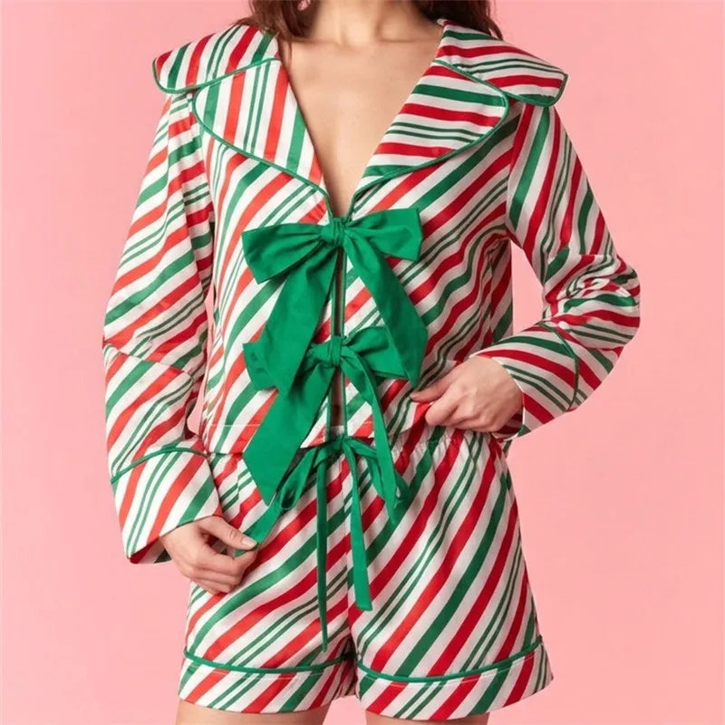 Women Christmas Candy Cane Striped 2 Piece Pajama Set Lapel Collar Front Bow Long Sleeve Top Shorts Loungewear Sleepwear
