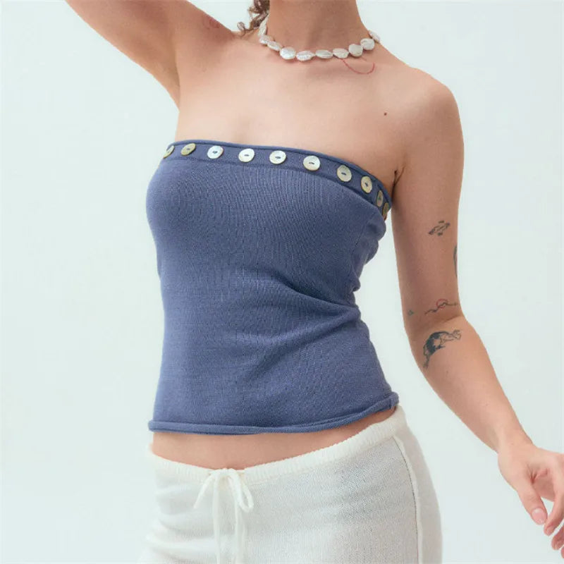 Women Slim Strapless Bandeau Top Shell Buttons Edge Decor Soft Knit Tube Top Y2K Aesthetic Summer Going Out Camisole
