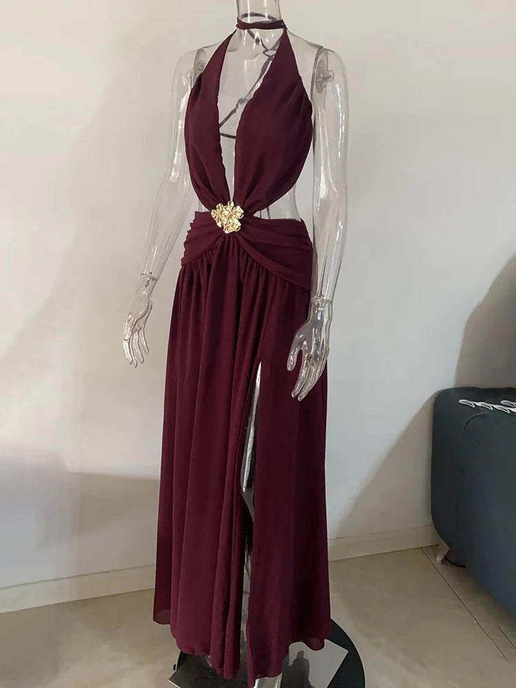 Hollow Out Deep V Neck Sexy Maxi Dress Women Gown Metal Buckle Sleeveless Backless Thigh High Split Club Party Dresses