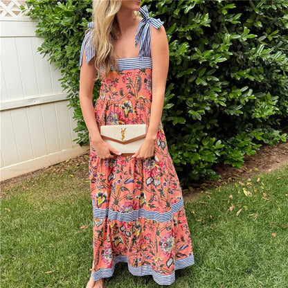 Women Summer Boho Maxi Dress Vintage Floral Tie Shoulder Flowy Long Dress Square Neck Ruffle Tiered Beach Sundress