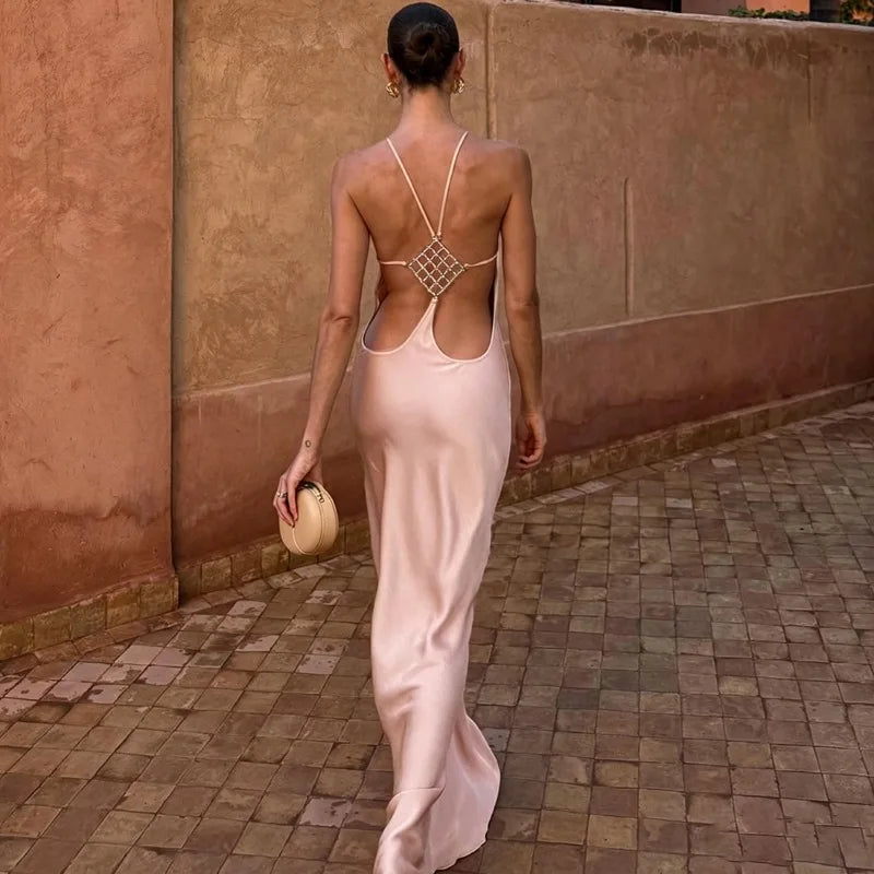 Satin Backless Maxi Dresses Woman Wedding Party Attire Elegant Sexy Birthday Dress for Photoshoot