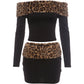 Leopard Print Plush Patchwork 2-Piece Set Women Slash Neck Full Sleeve Crop Tops+Elastic Waist Skirt Sexy Autumn Suit