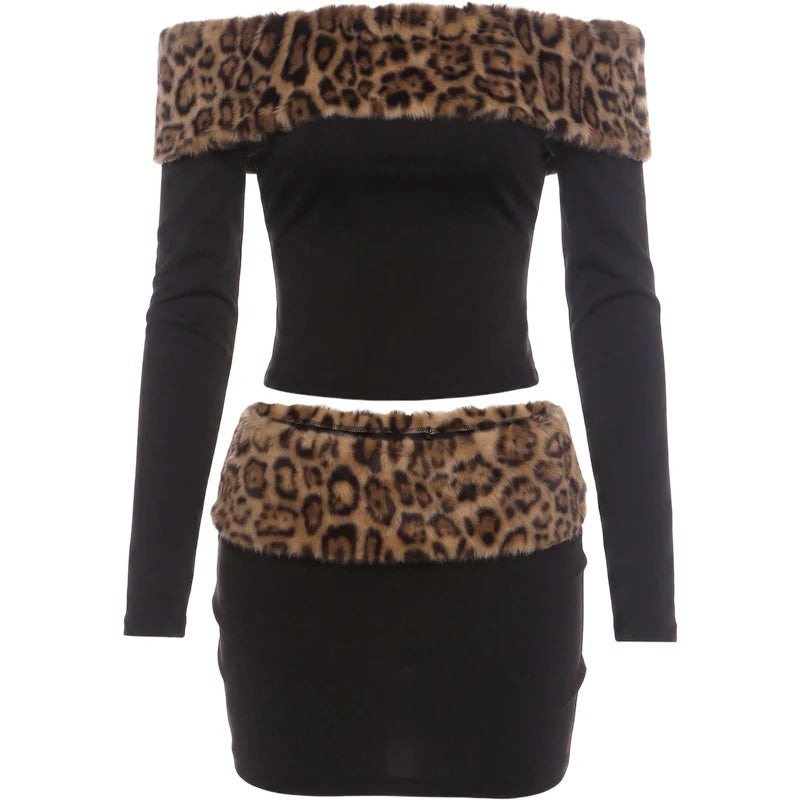 Leopard Print Plush Patchwork 2-Piece Set Women Slash Neck Full Sleeve Crop Tops+Elastic Waist Skirt Sexy Autumn Suit