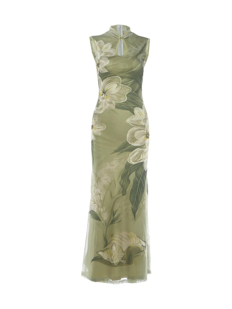 Hollow Maxi Dress Women Frog Button Stand-Up Collar Floral Print Sleeveless Classic Summer Elegant Chic Vestidos