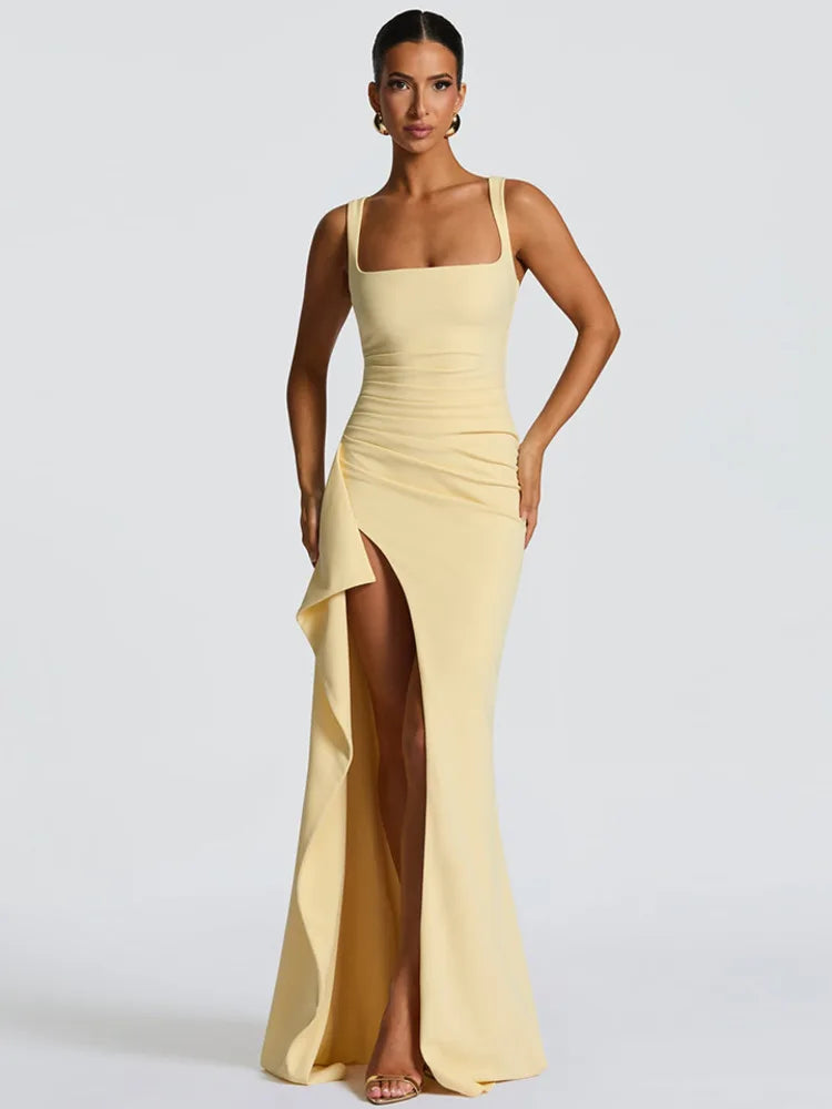 Elegant Spaghetti Strap Sexy Maxi Dress Women Gown Fashion Sleeveless Backless Thigh High Split Draped Club Long Dress