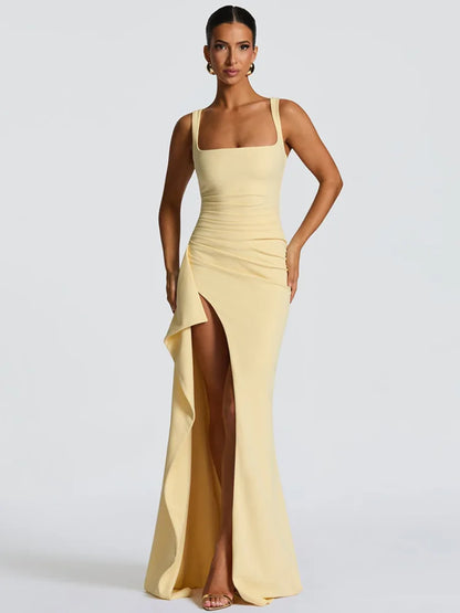Elegant Spaghetti Strap Sexy Maxi Dress Women Gown Fashion Sleeveless Backless Thigh High Split Draped Club Long Dress