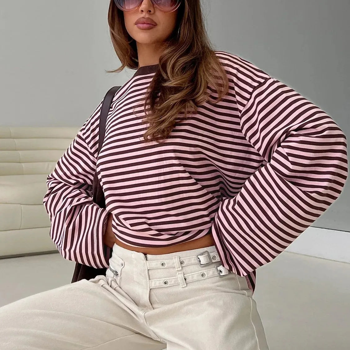 Striped Long Sleeve Shirt Women Y2k Oversized Crewneck Vintage Tops Fall Winter Drop Shoulder Cute Preppy Pullover