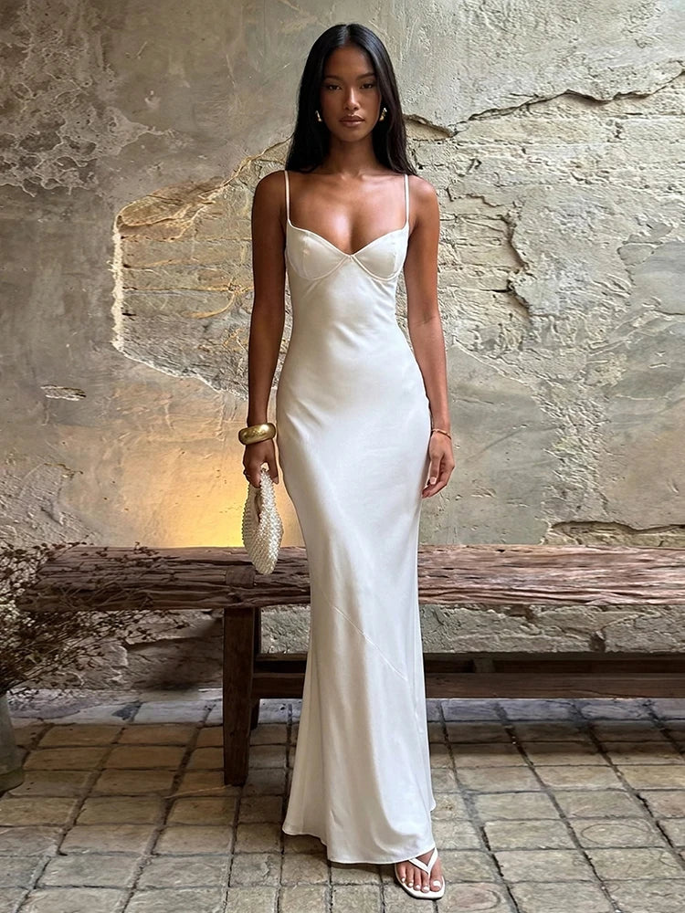 Low-Neck Satin Maxi Dress Women Sleeveless Slim Chic Wedding Party Elegant Vacation Summer Fashion Classic Vestidos