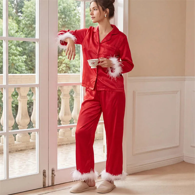 Women Satin Feather Trim Pajama Set Lapel Button Front Long Sleeve Shirt + Long Pants Christmas Loungewear Sleepwear Set